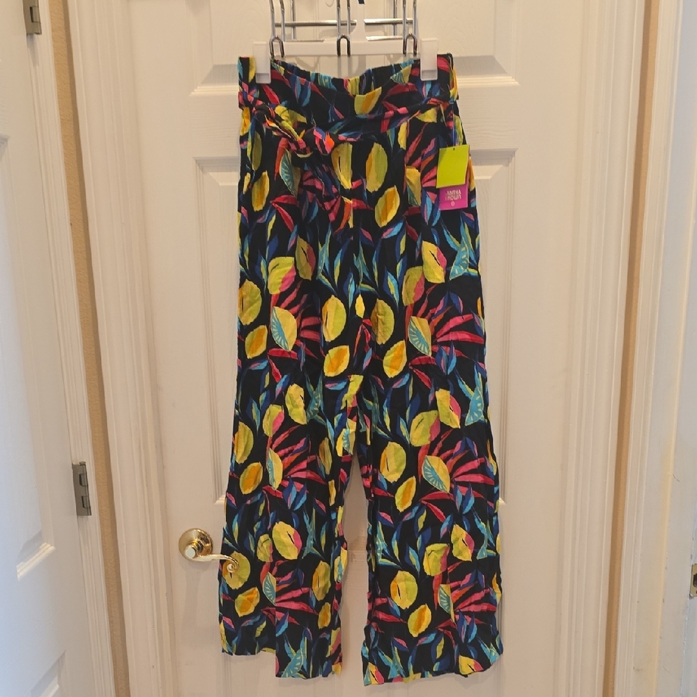 Vibrant Leaf Print Wide Leg Pants
